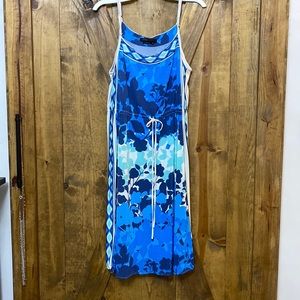 BCBG blue floral and geometric spaghetti strap midi dress